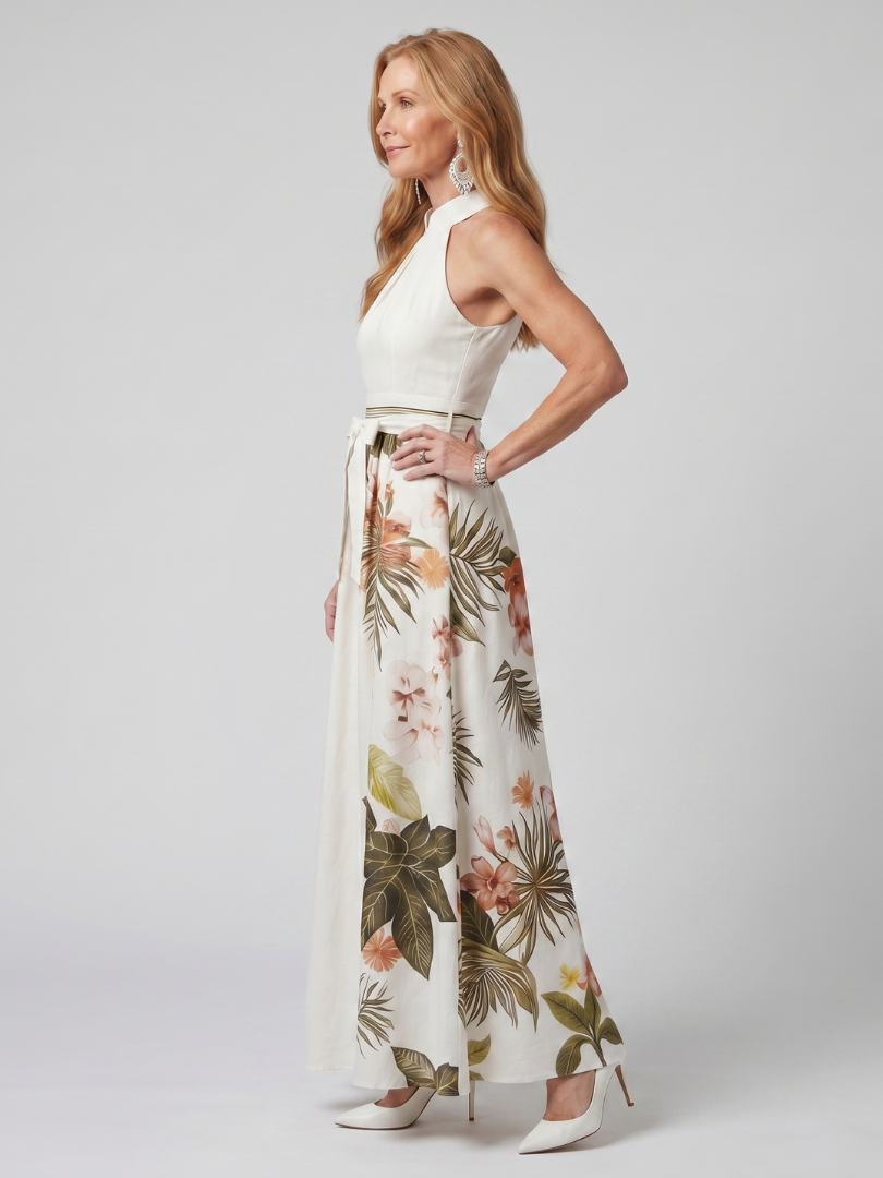 Aurora Valencia | Draped Halter Botanical Panel Maxi Dress