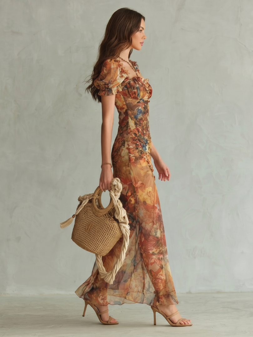 Aurora Valencia | Ruffled Sleeve Ruched Slit Midi Dress