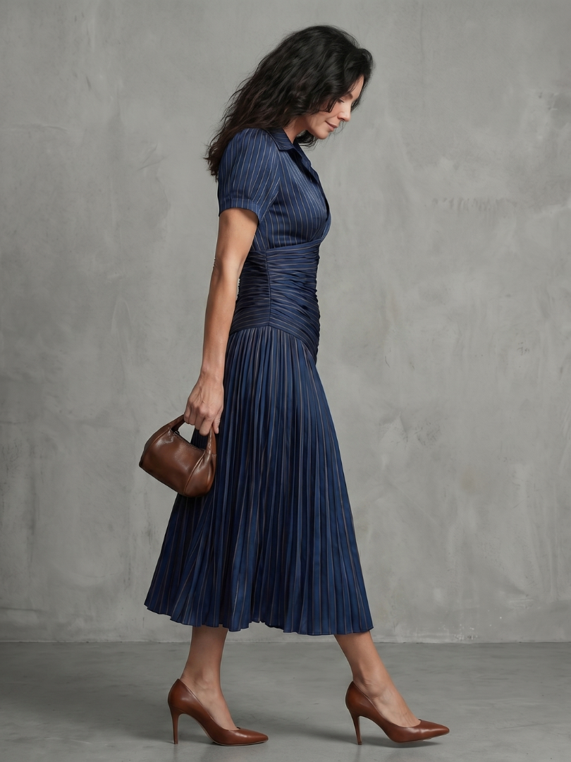 Aurora Valencia  | Pleated Waistline Stripe Midi Dress