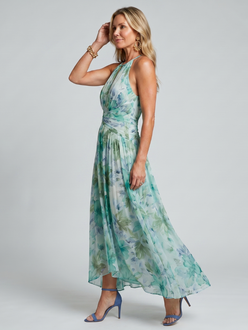 Aurora Valencia | Pleated Halter Soft Floral Pattern Midi Dress
