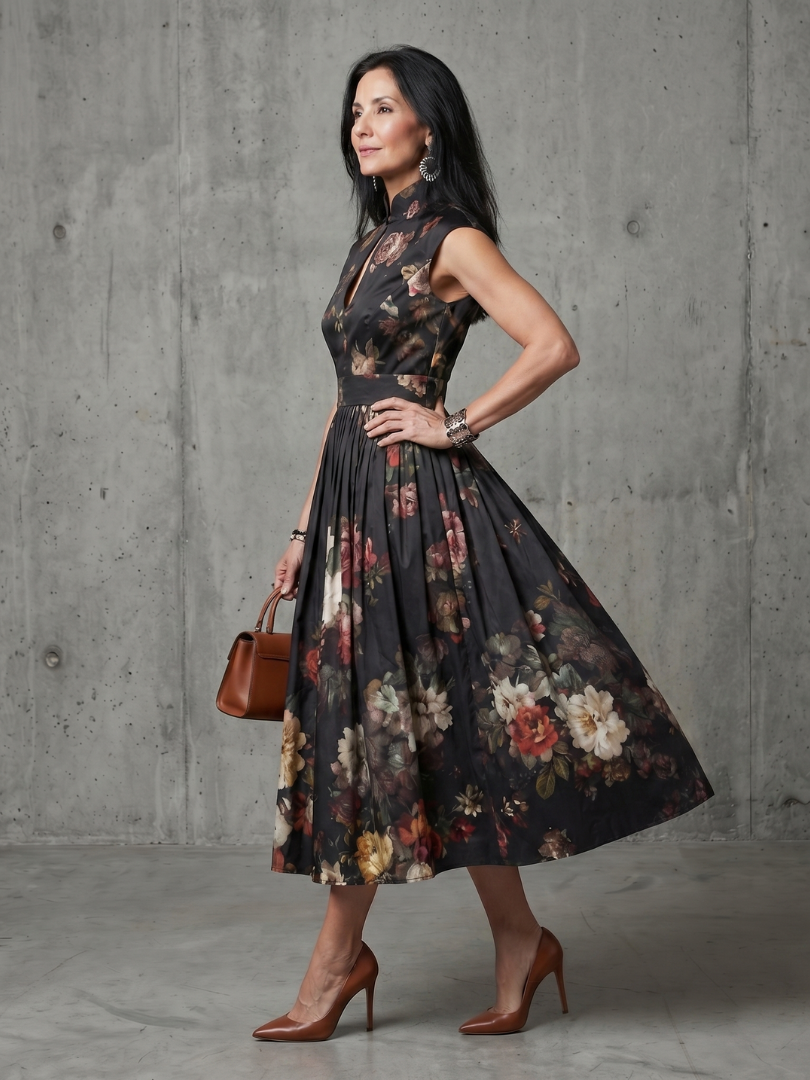 Aurora Valencia | High Neck Keyhole Floral Pleated Midi Dress