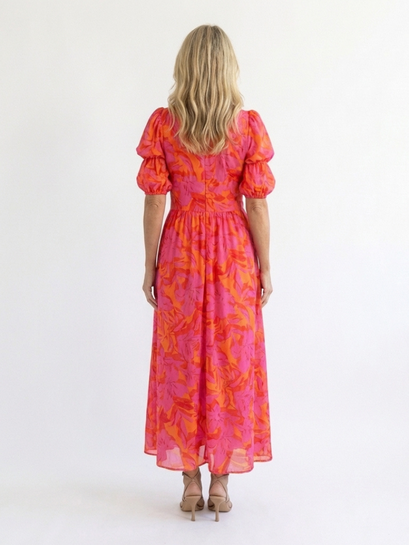Aurora Valencia | Floral V Neck Puff Sleeve Midi Dress