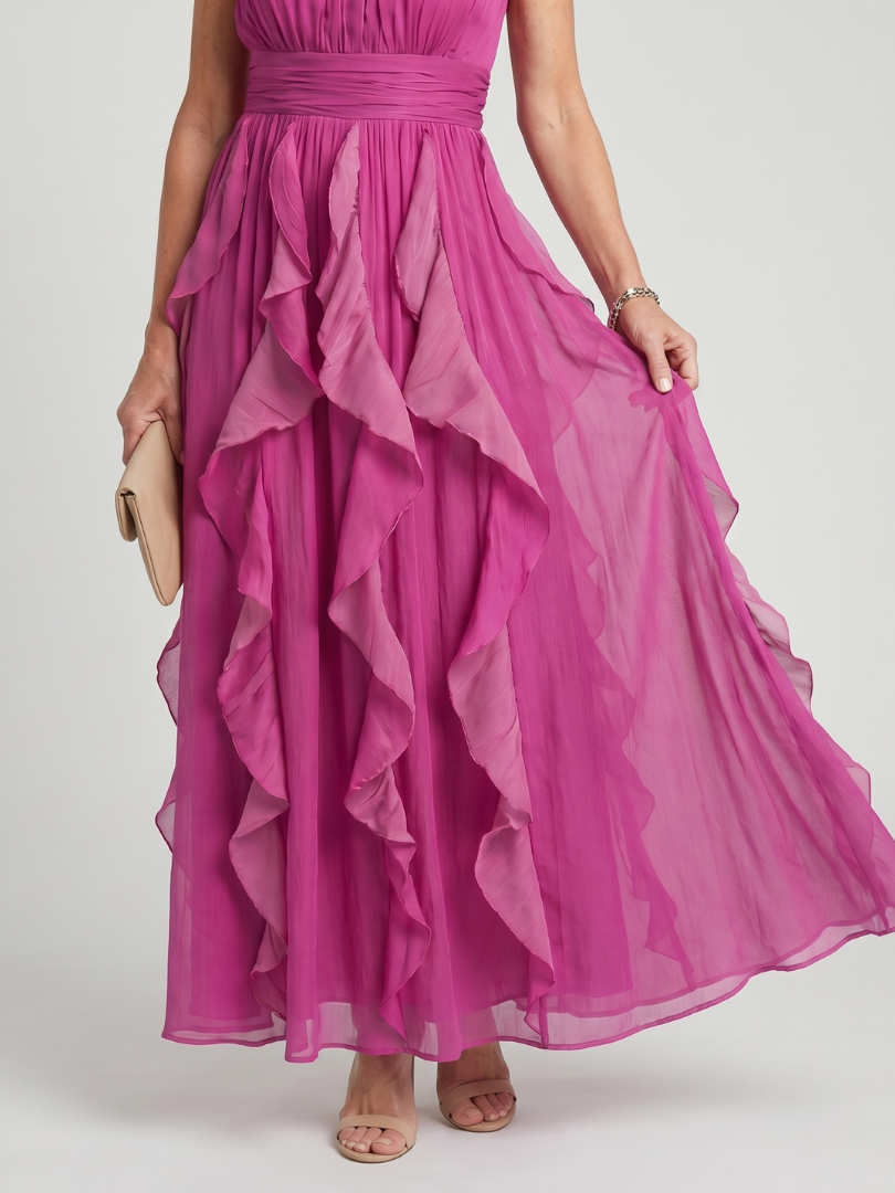 Aurora Valencia | High Neck Gathered Ruffle Layers Maxi Dress
