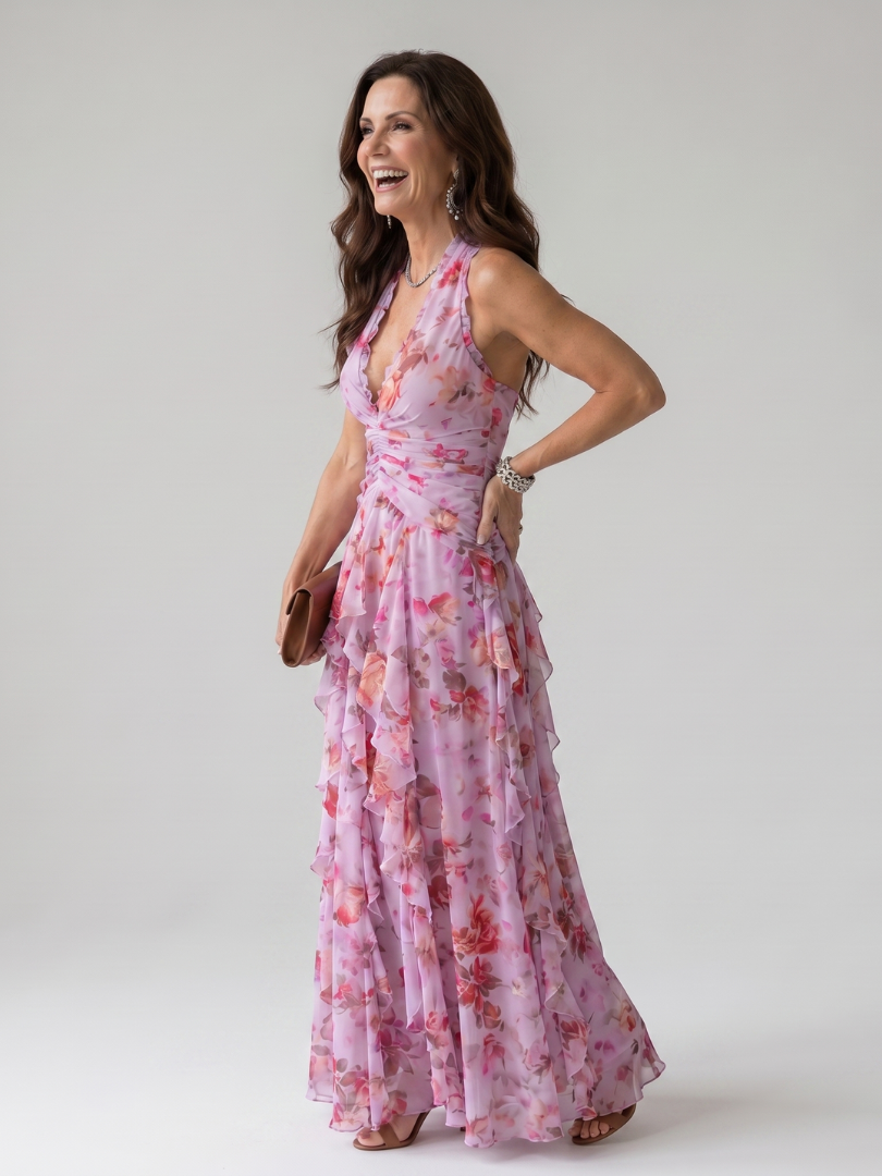 Aurora Valencia | Halter Neck Ruched Bodice Floral Maxi Dress