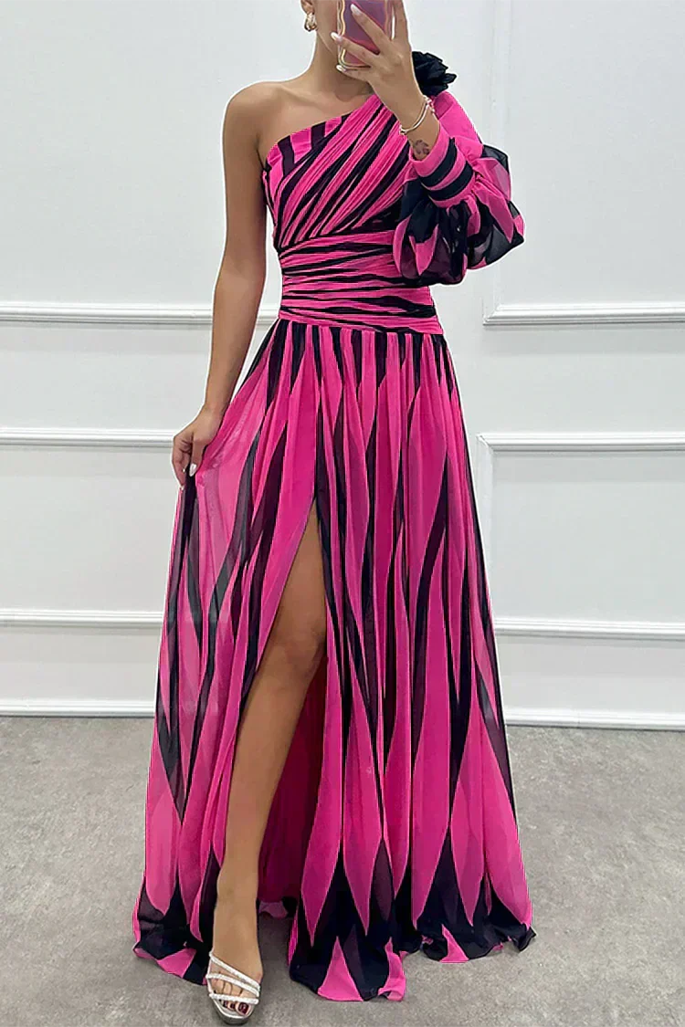 Aurora Valencia |Elegant Striped Maxi Dress with One Shoulder