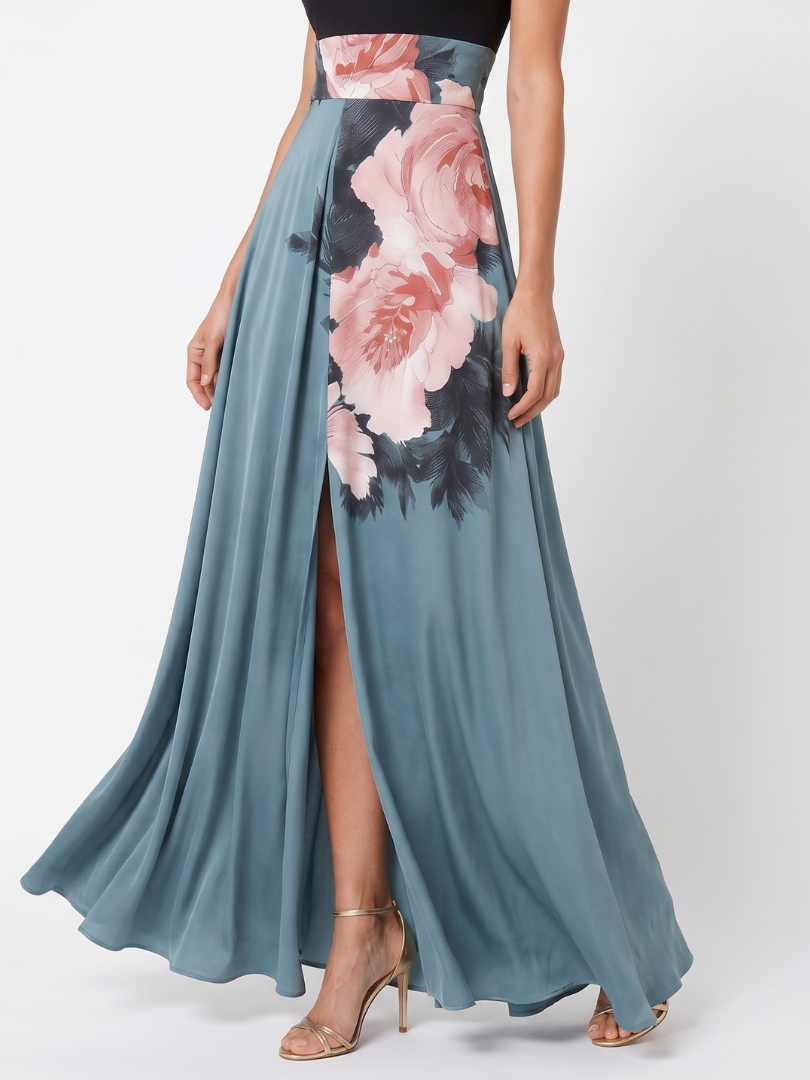 Aurora Valencia | Halter Bodice Floral Skirt Maxi Dress