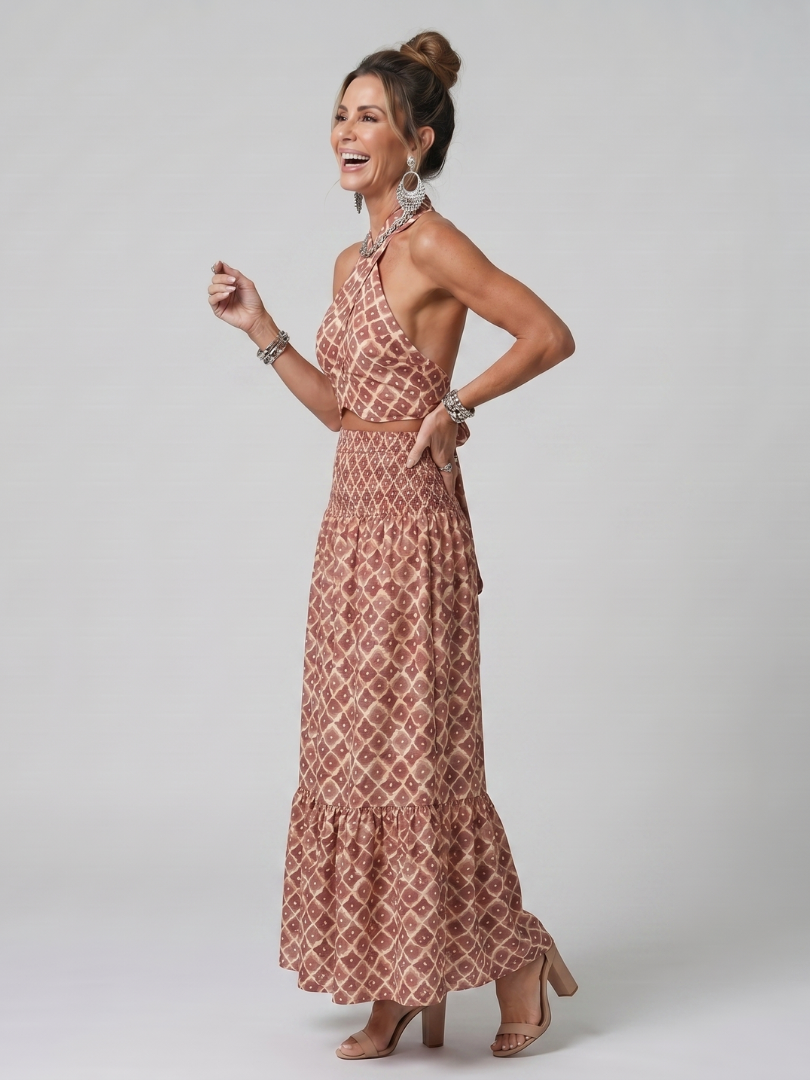 Aurora Valencia | Cross Halter Geometric Print Cutout Midi Dress