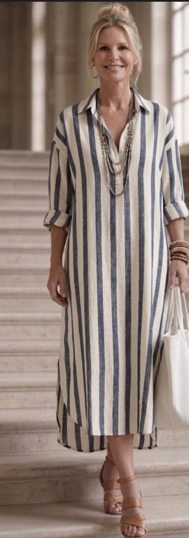 Aurora Valencia | Long Sleeve Striped Midi Shirt Dress
