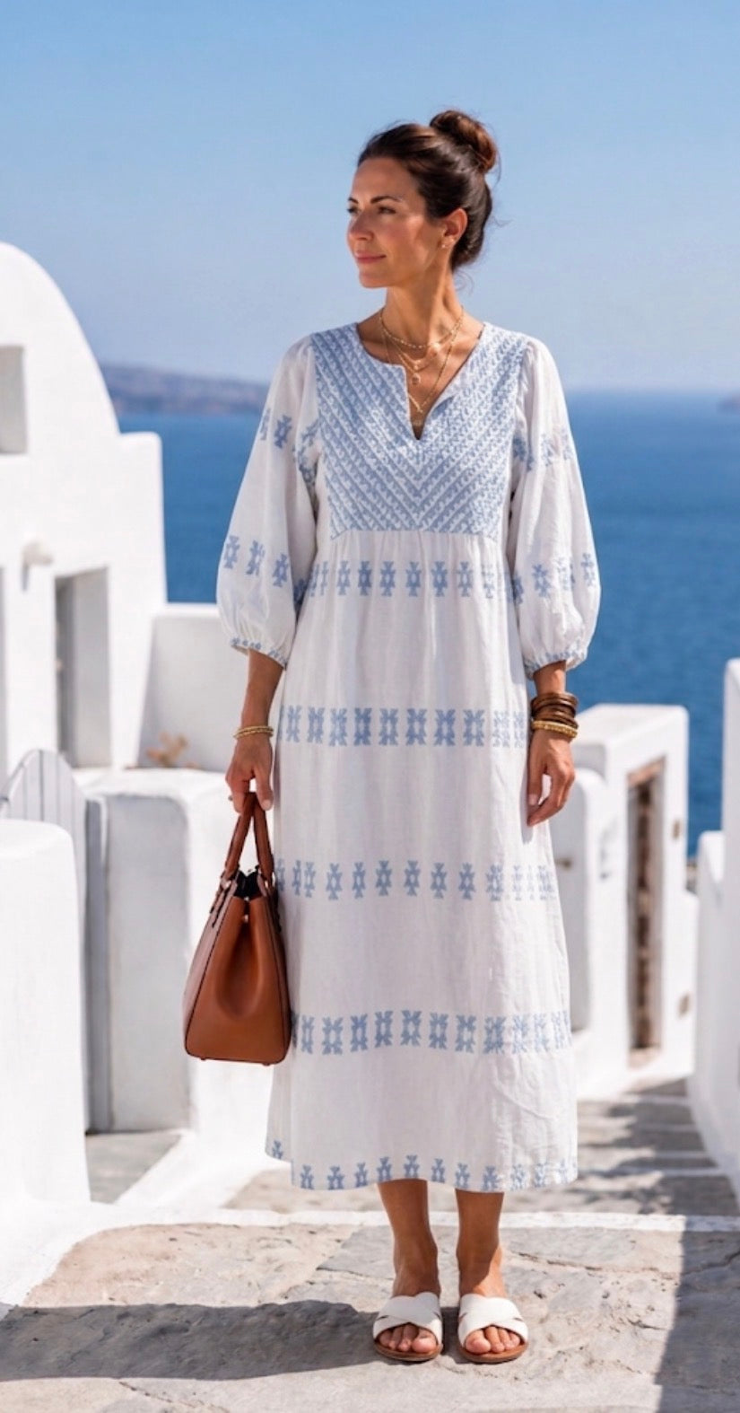 Aurora Valencia| V Neck Long Sleeve Embroidered Maxi Dress