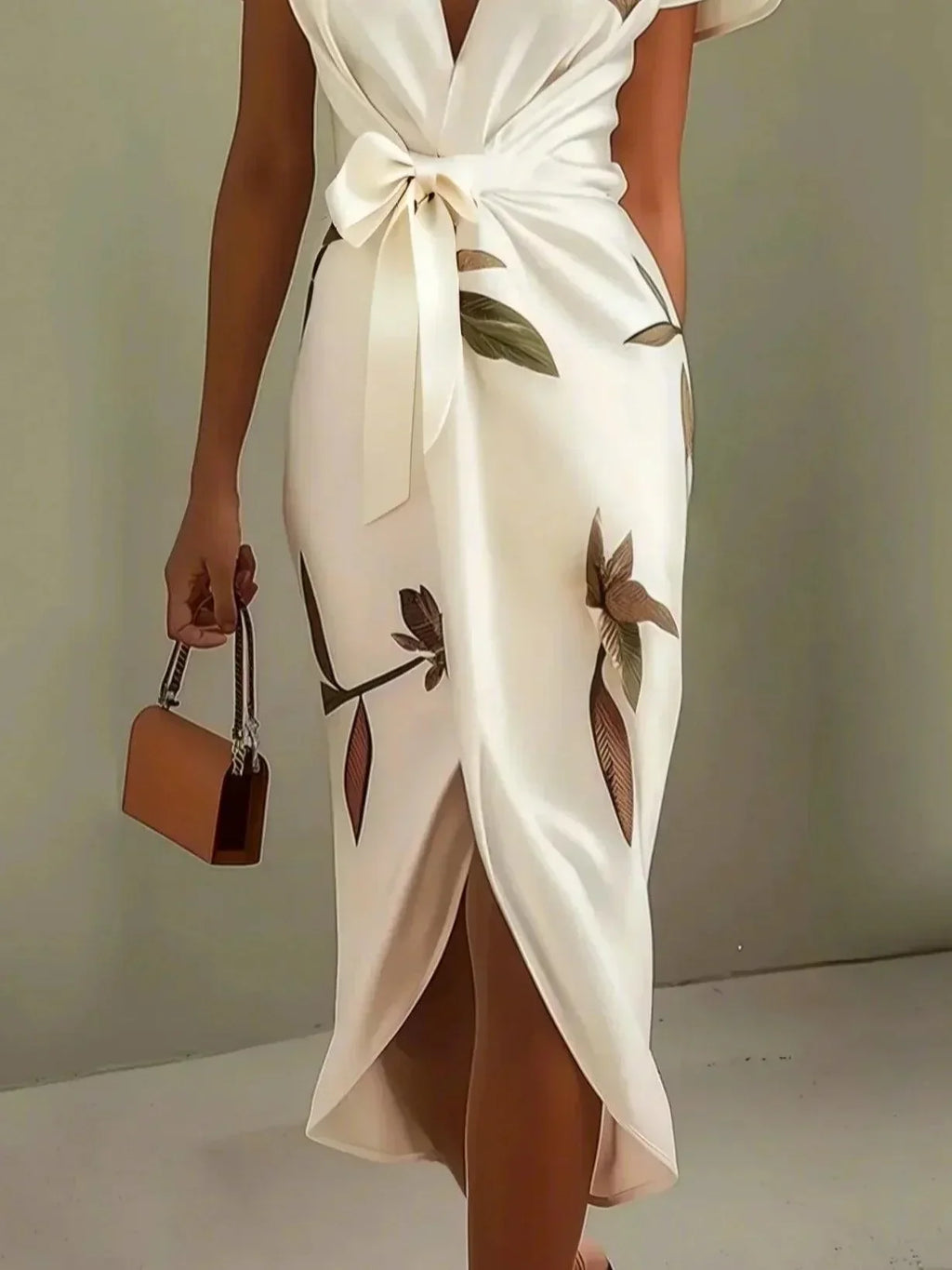 Aurora Valencia | White Leaf Short Sleeve Satin Midi Dress