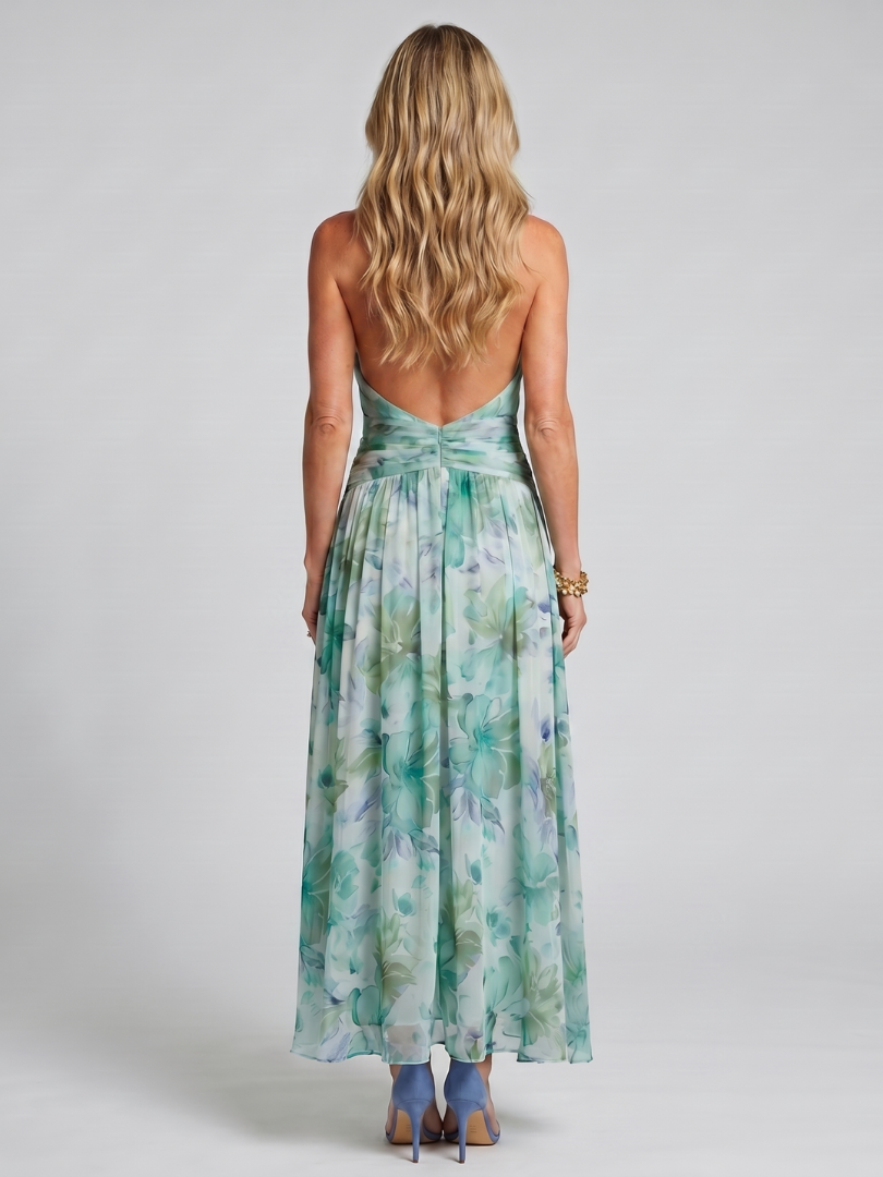 Aurora Valencia | Pleated Halter Soft Floral Pattern Midi Dress