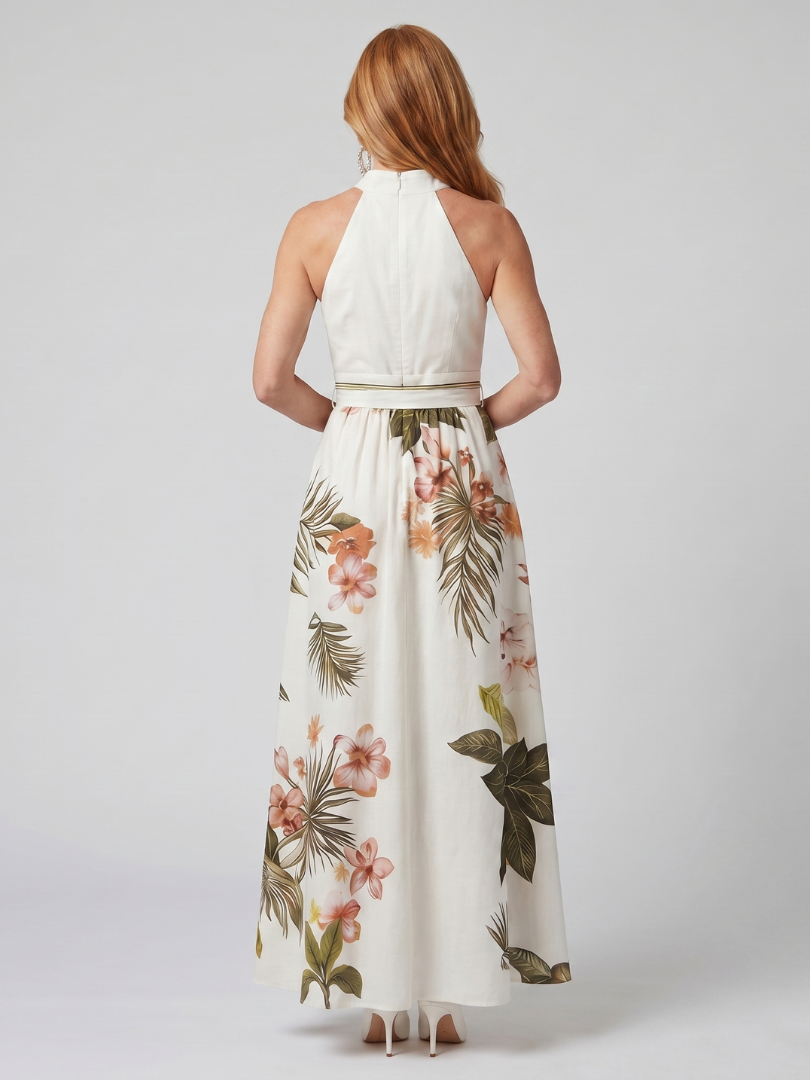 Aurora Valencia | Draped Halter Botanical Panel Maxi Dress