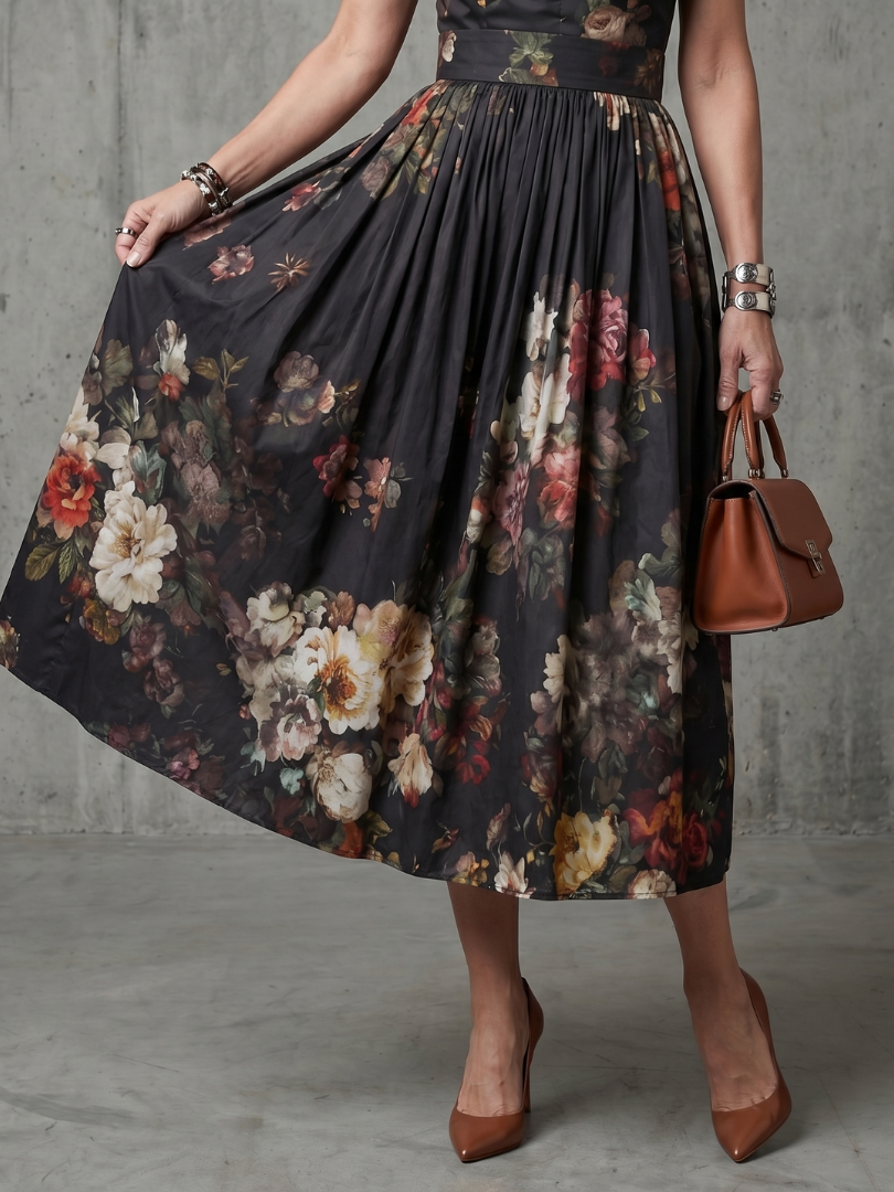 Aurora Valencia | High Neck Keyhole Floral Pleated Midi Dress