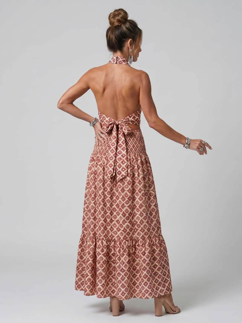 Aurora Valencia | Cross Halter Geometric Print Cutout Midi Dress