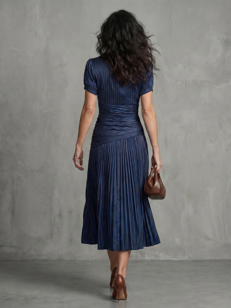Aurora Valencia | Pleated Waistline Stripe Midi Dress