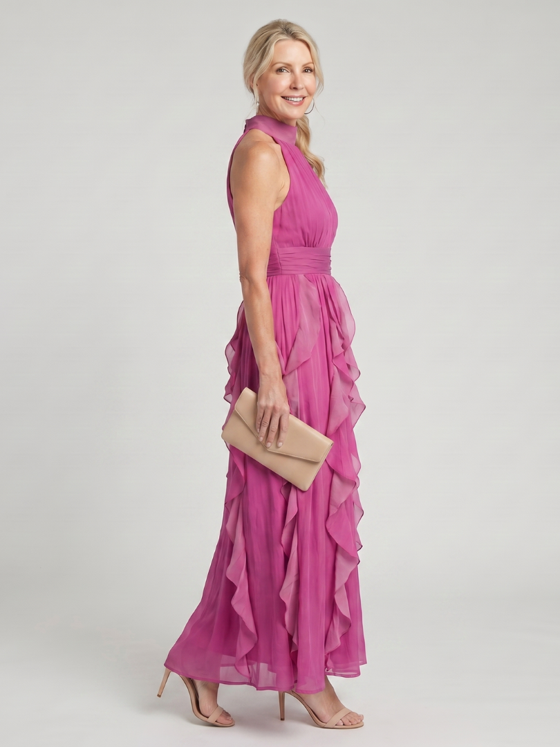 Aurora Valencia | High Neck Gathered Ruffle Layers Maxi Dress