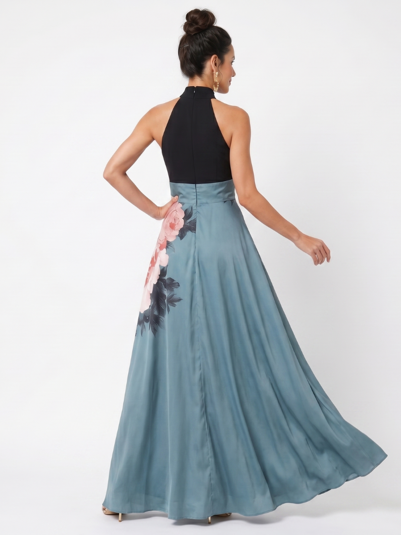 Aurora Valencia | Halter Bodice Floral Skirt Maxi Dress