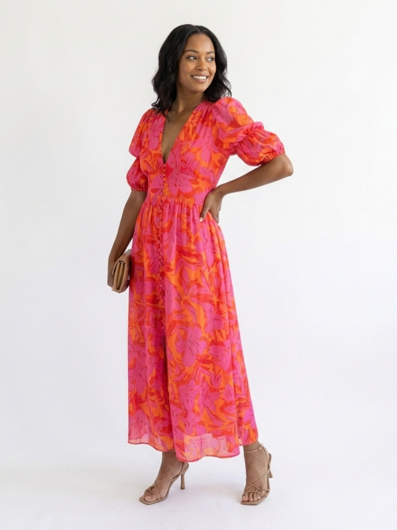 Aurora Valencia | Floral V Neck Puff Sleeve Midi Dress