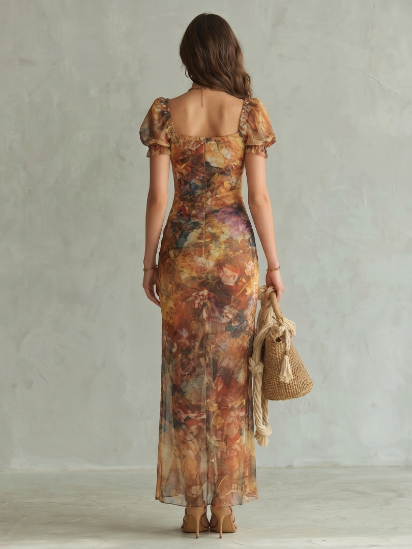 Aurora Valencia | Ruffled Sleeve Ruched Slit Midi Dress