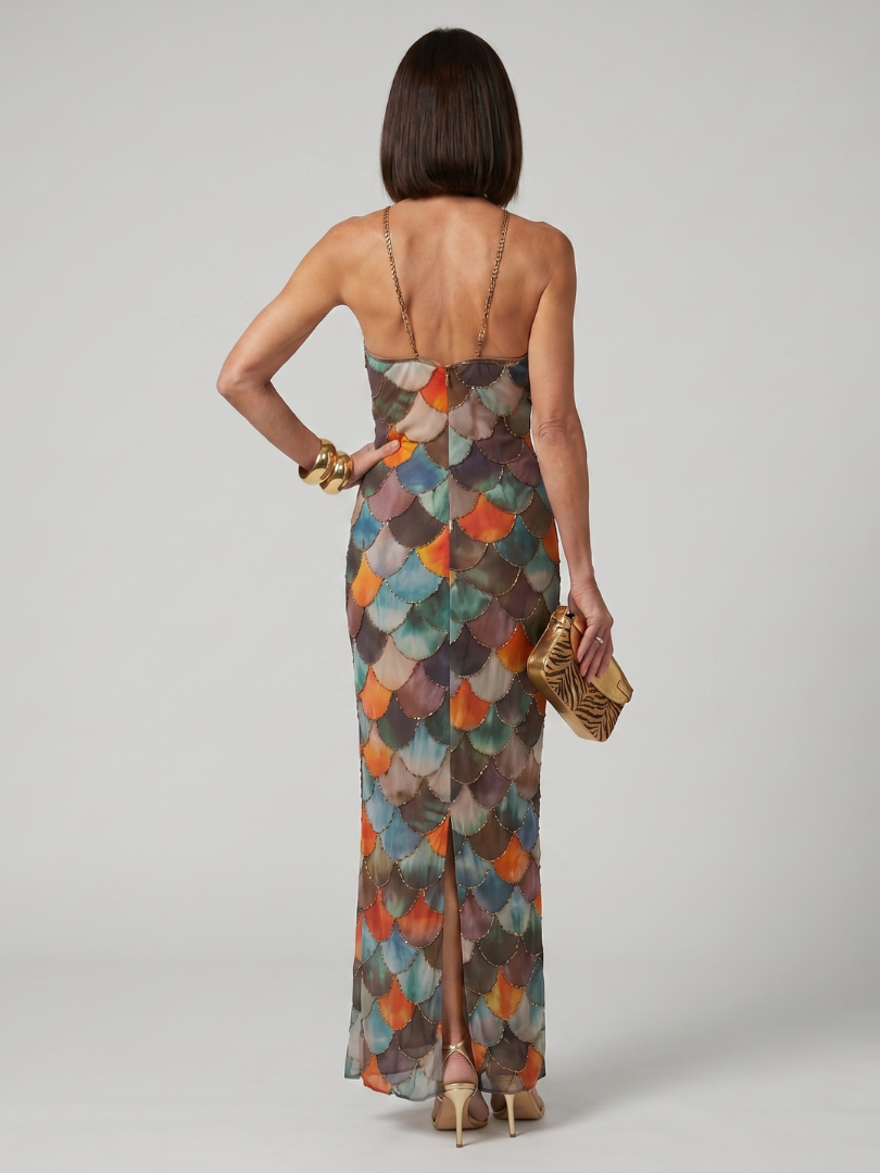 Aurora Valencia | Fitted Multicolor Scale Pattern Maxi Dress