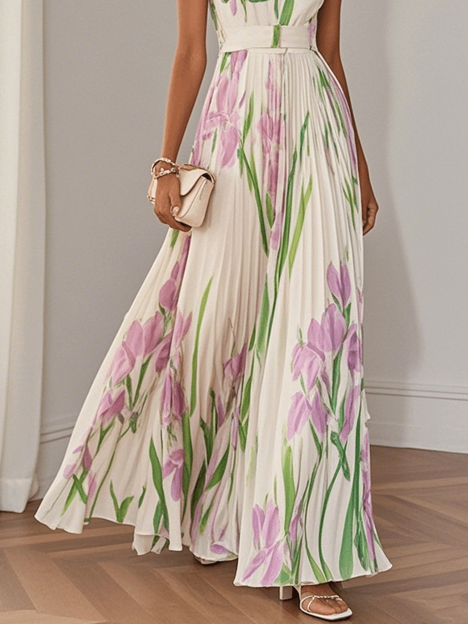 Aurora Valencia | White Pleated Floral Chiffon Maxi Dress