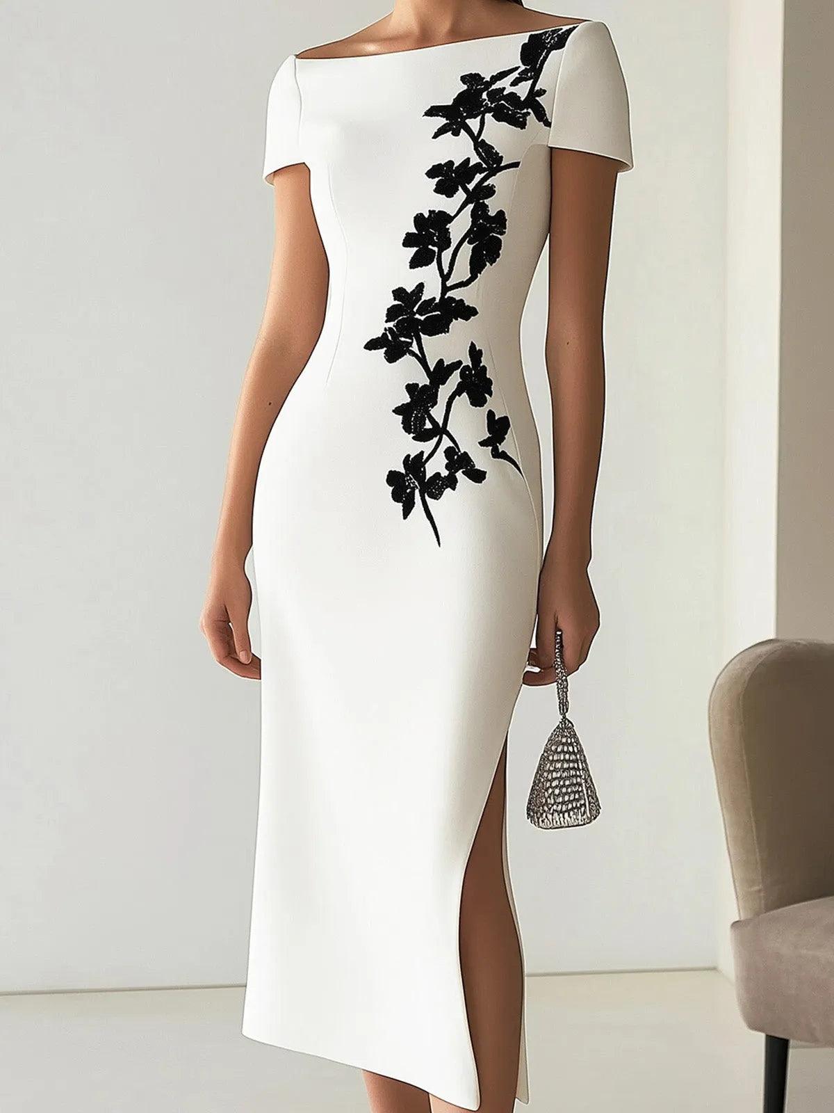 Aurora Valencia | Chic Floral Print Boat Neck Midi Dress Outfit