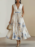 Aurora Valencia | White Floral Chiffon V-Neck Pleated Midi Dress