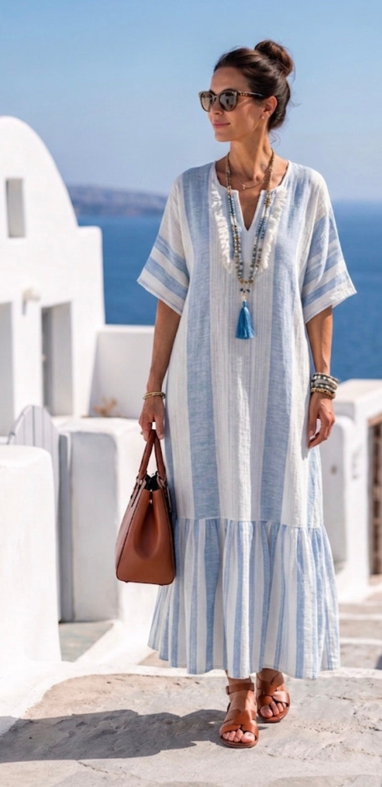 Aurora Valencia | Round Neck Short Sleeve Striped Maxi Dress