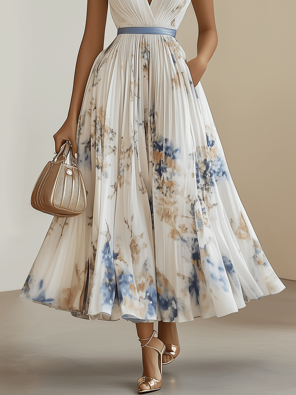 Aurora Valencia | White Floral Chiffon V-Neck Pleated Midi Dress