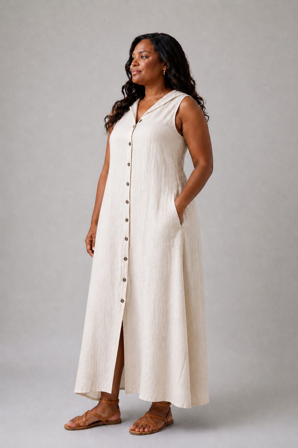 Aurora Valencia | Sleeveless Button Front Hooded Maxi Dress