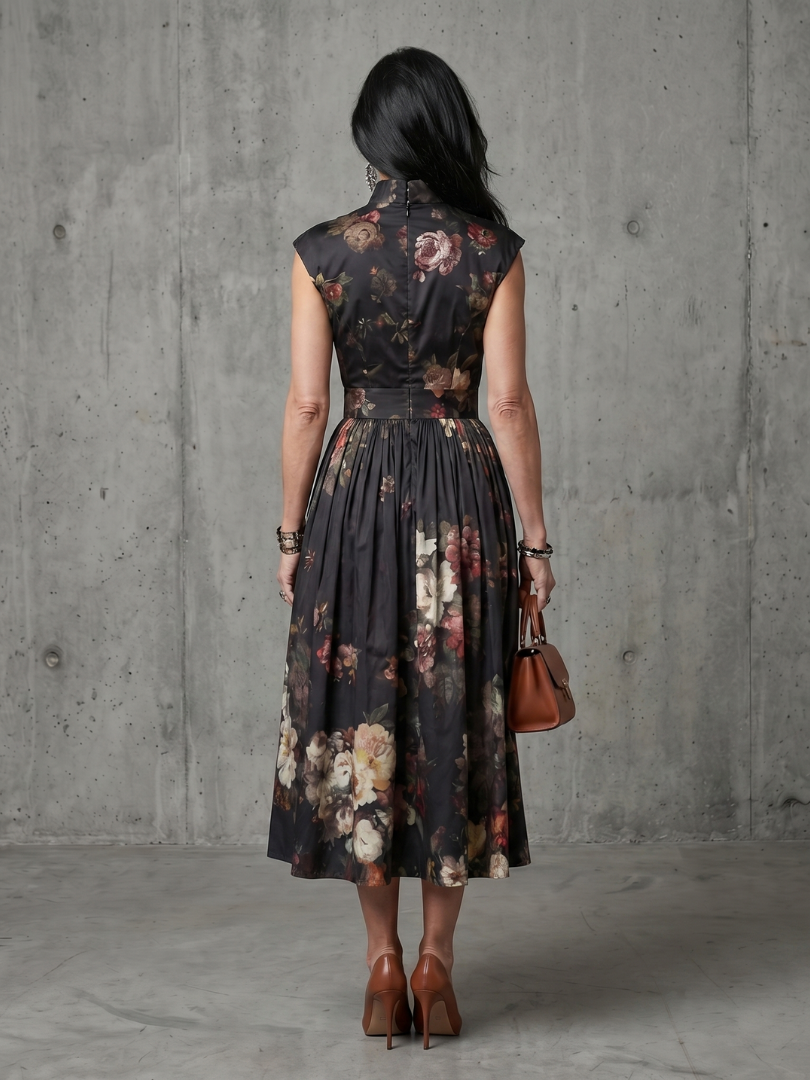 Aurora Valencia | High Neck Keyhole Floral Pleated Midi Dress
