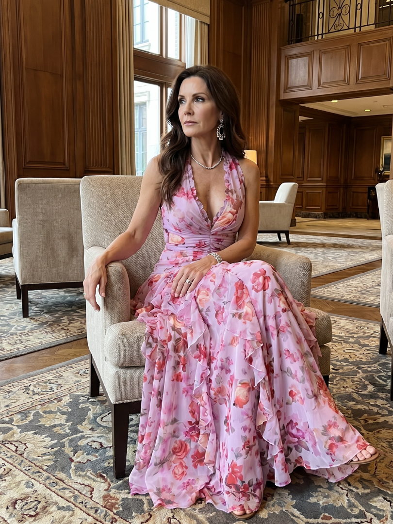 Aurora Valencia | Halter Neck Ruched Bodice Floral Maxi Dress