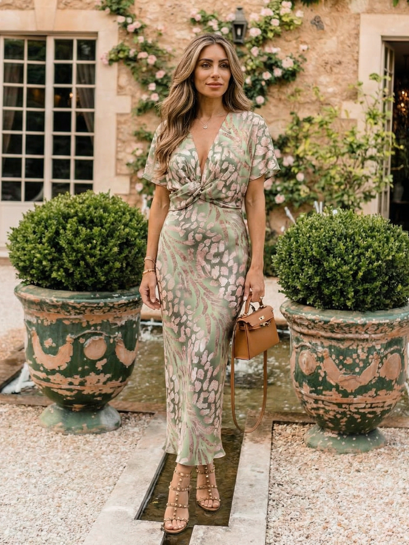 Aurora Valencia | Abstract Print V Neck Twist Waist Midi Dress