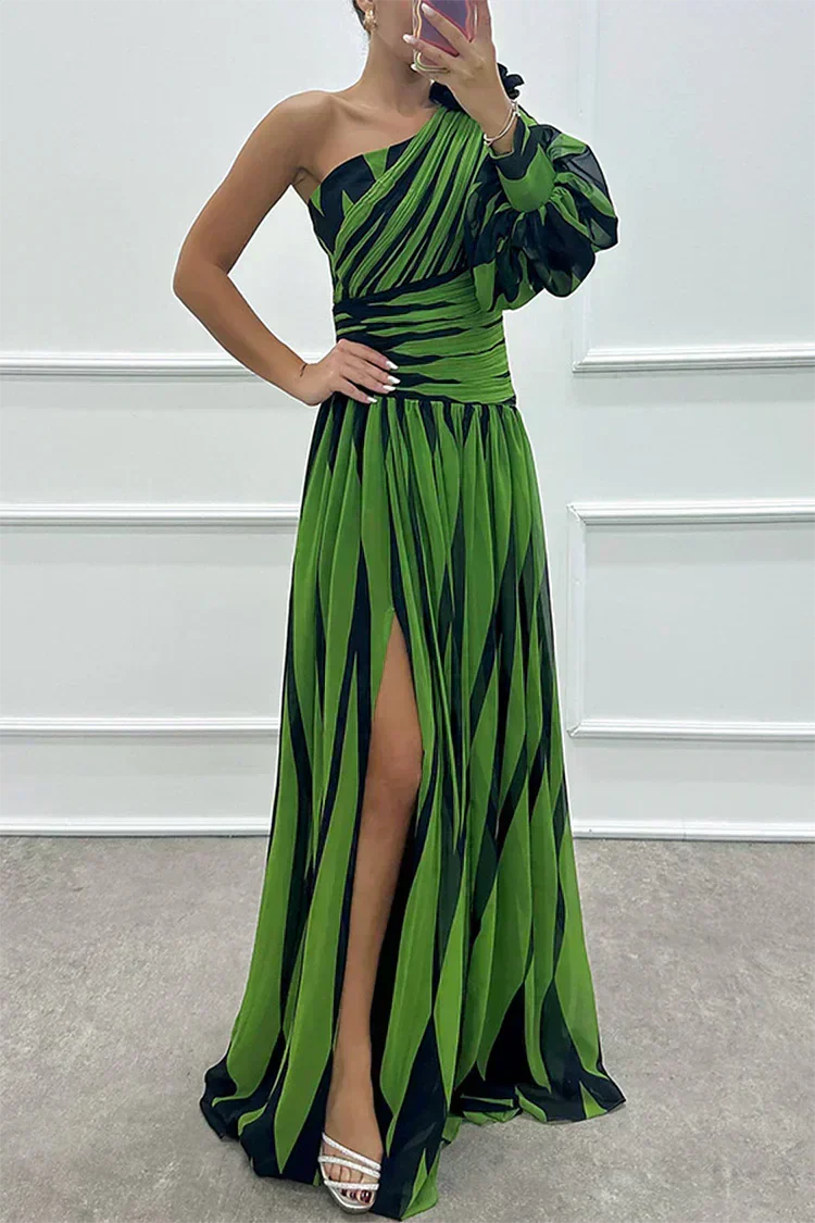Aurora Valencia |Elegant Striped Maxi Dress with One Shoulder