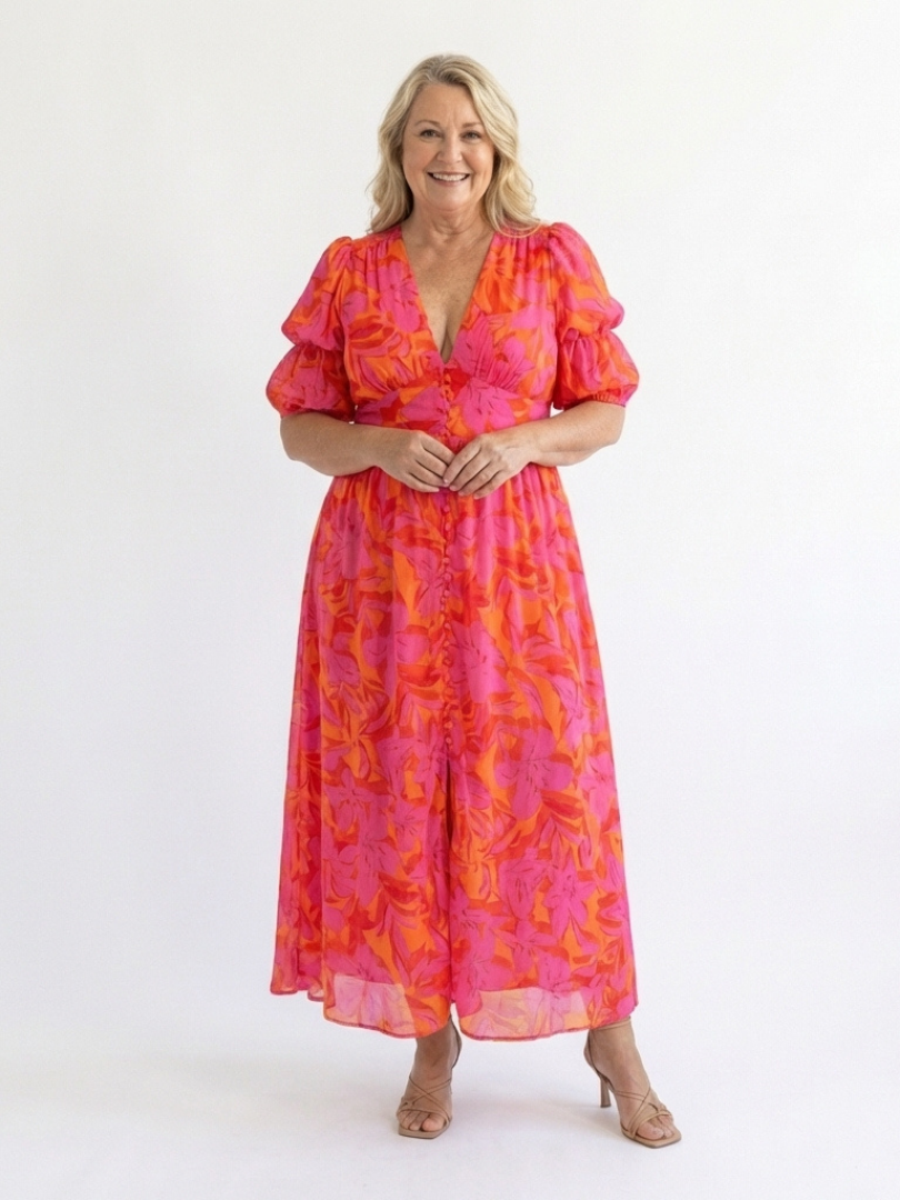 Aurora Valencia | Floral V Neck Puff Sleeve Midi Dress
