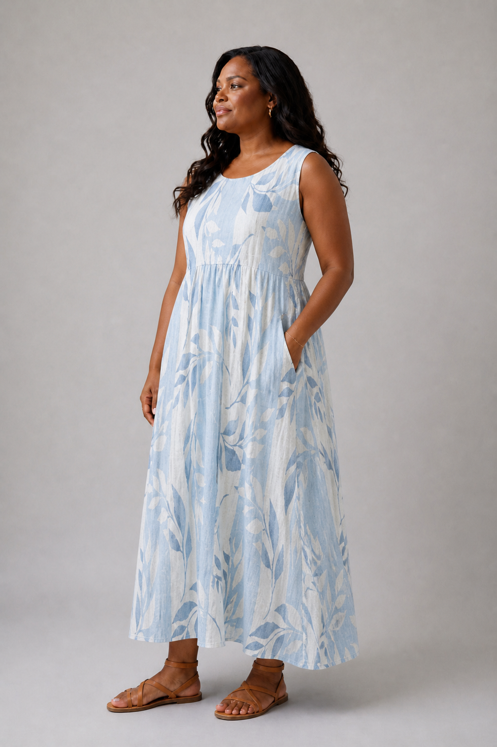 Aurora Valencia | Sleeveless Blue Leaf Pattern Midi Dress