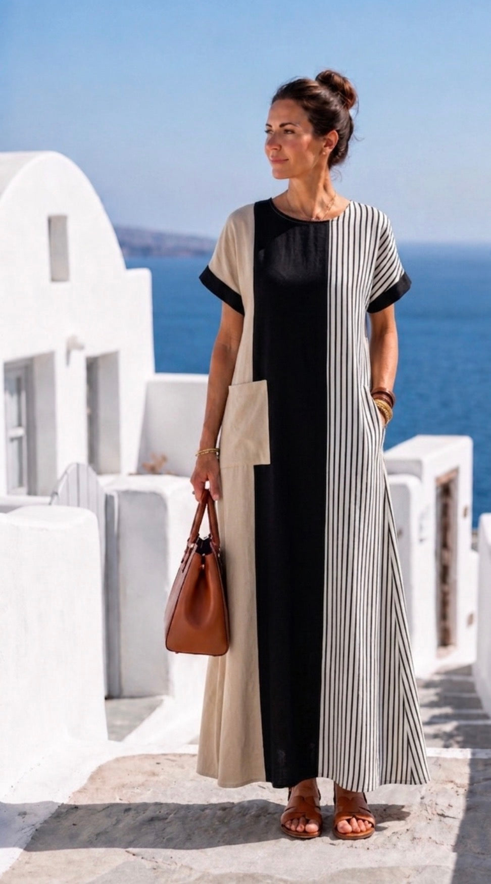 Aurora Valencia | Round Neck Short Sleeve Striped Maxi Dress
