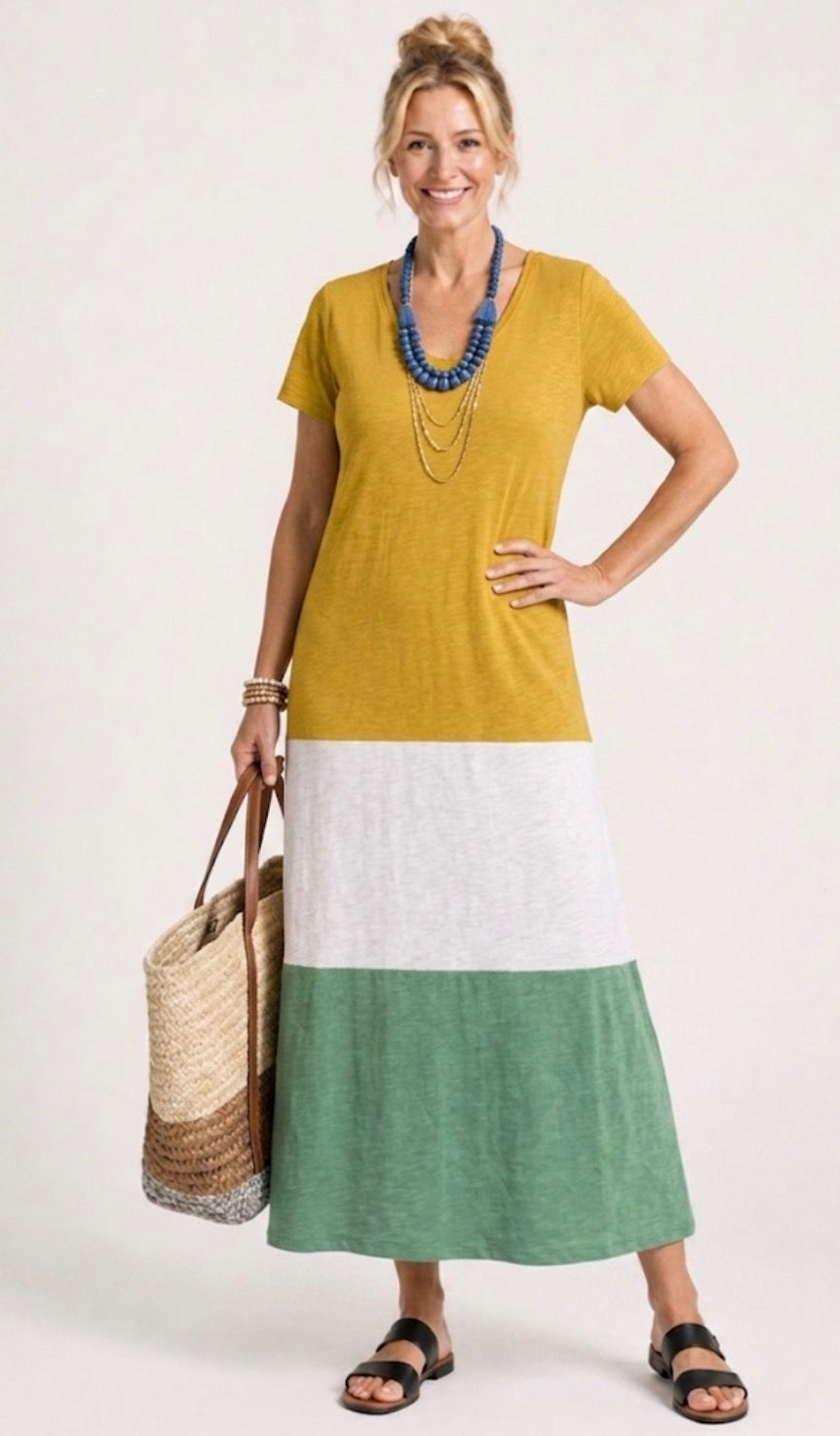Aurora Valencia | Short Sleeve Color Block V Neck Midi Dress