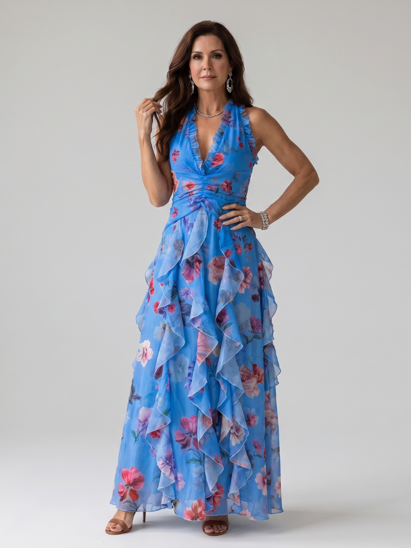 Aurora Valencia | Halter Neck Ruched Bodice Floral Maxi Dress
