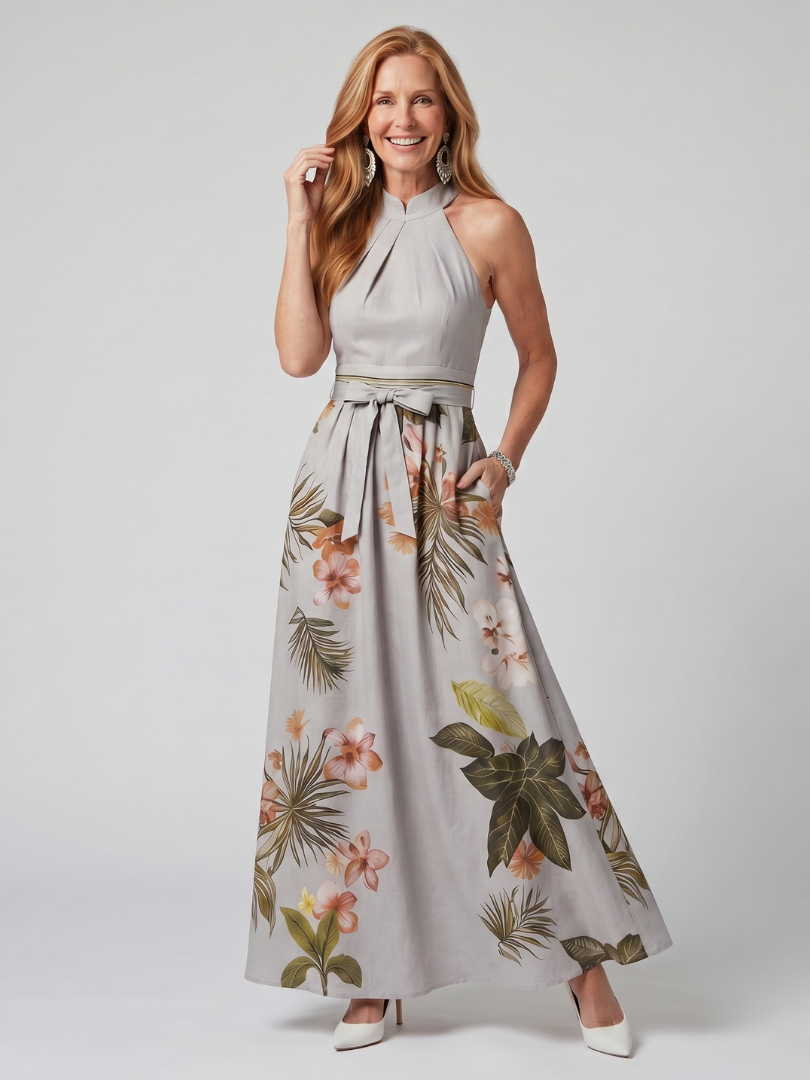 Aurora Valencia | Draped Halter Botanical Panel Maxi Dress