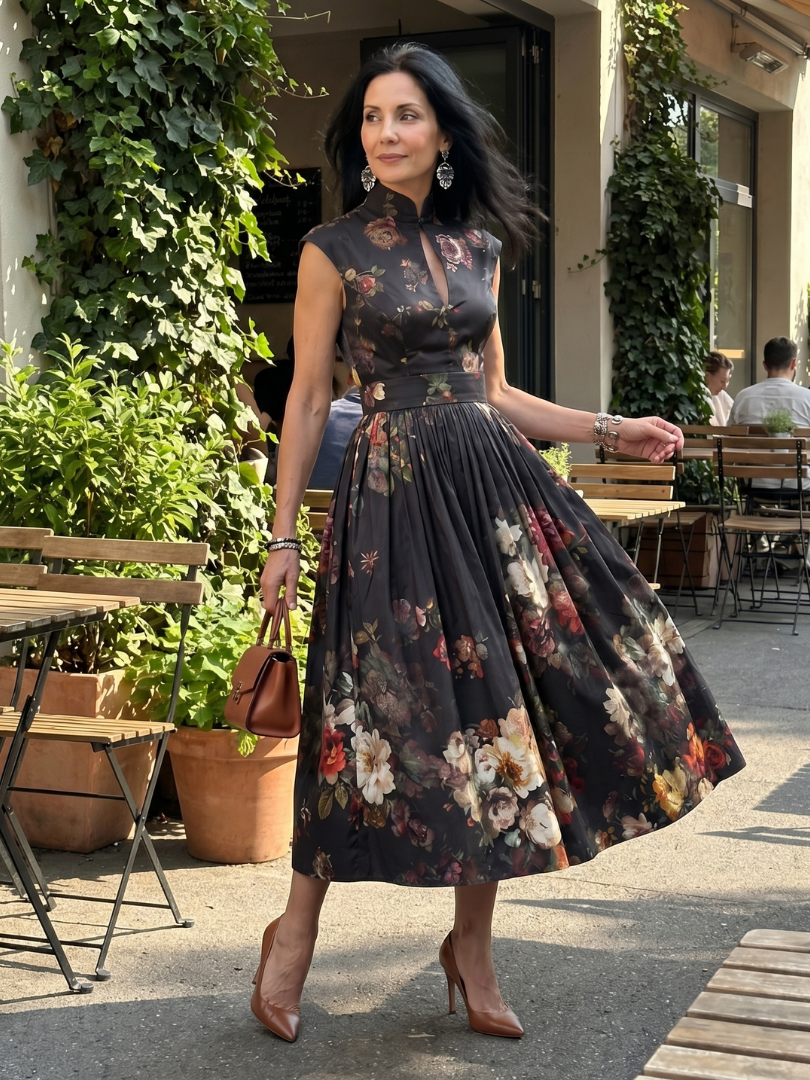 Aurora Valencia | High Neck Keyhole Floral Pleated Midi Dress