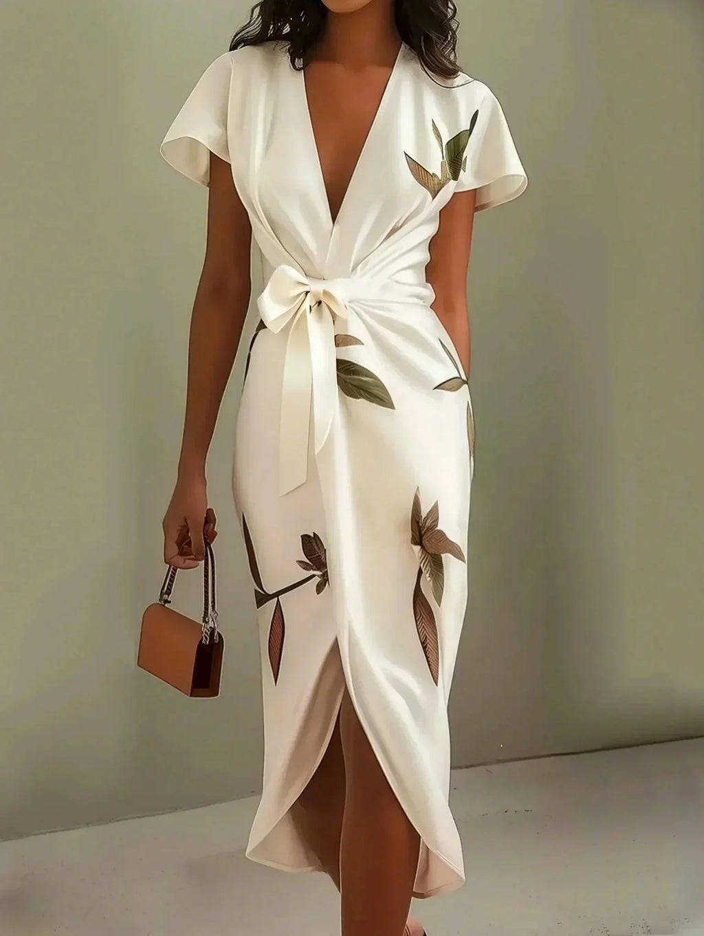 Aurora Valencia | White Leaf Short Sleeve Satin Midi Dress