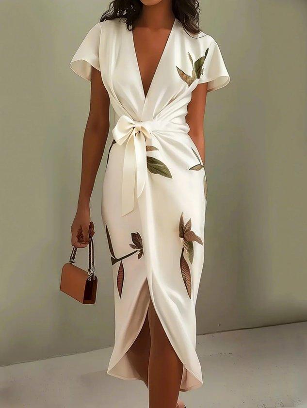 Aurora Valencia | White Leaf Short Sleeve Satin Midi Dress