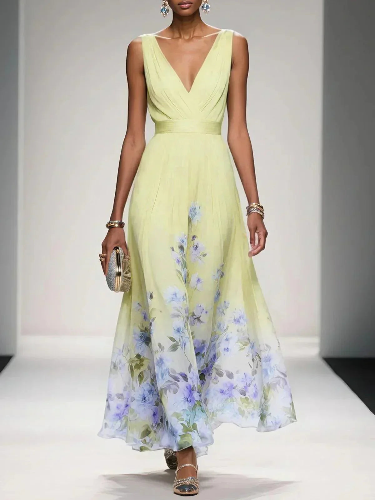 Aurora Valencia  | Light Blue Floral Chiffon V-Neck Maxi Dress