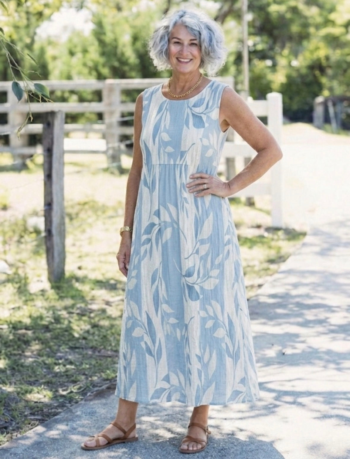 Aurora Valencia | Sleeveless Blue Leaf Pattern Midi Dress