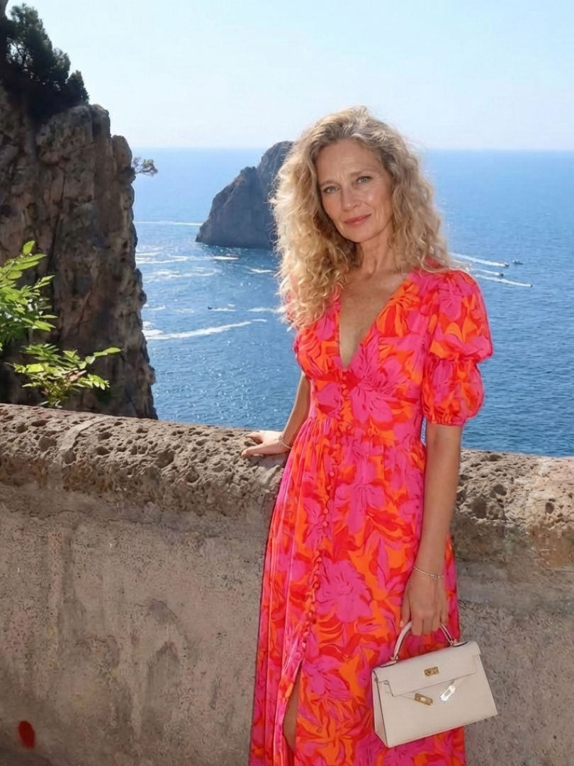 Aurora Valencia | Floral V Neck Puff Sleeve Midi Dress