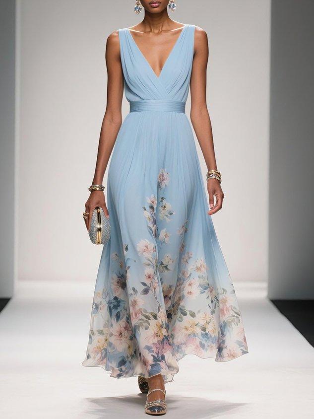 Aurora Valencia  | Light Blue Floral Chiffon V-Neck Maxi Dress