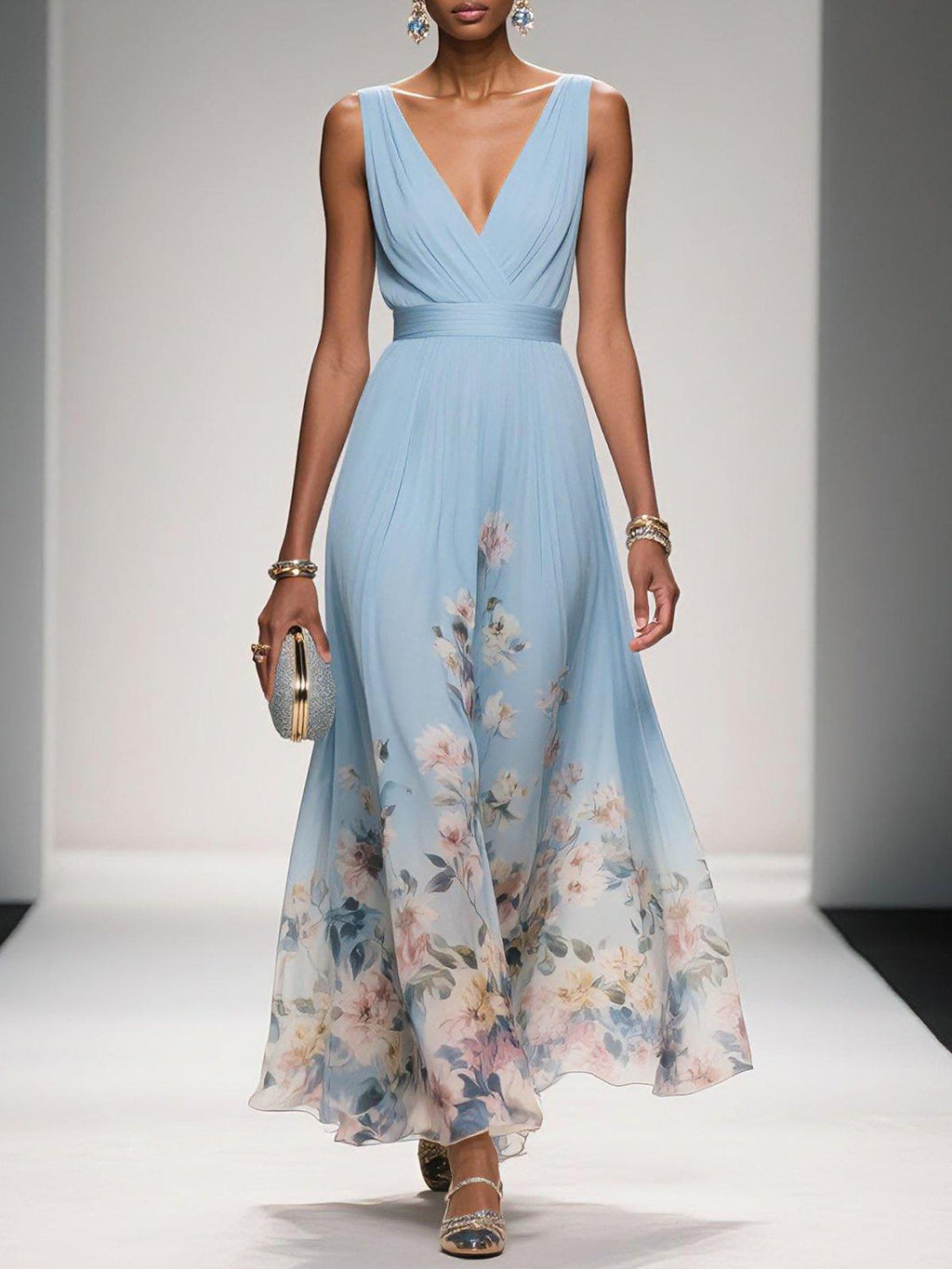 Aurora Valencia  | Light Blue Floral Chiffon V-Neck Maxi Dress