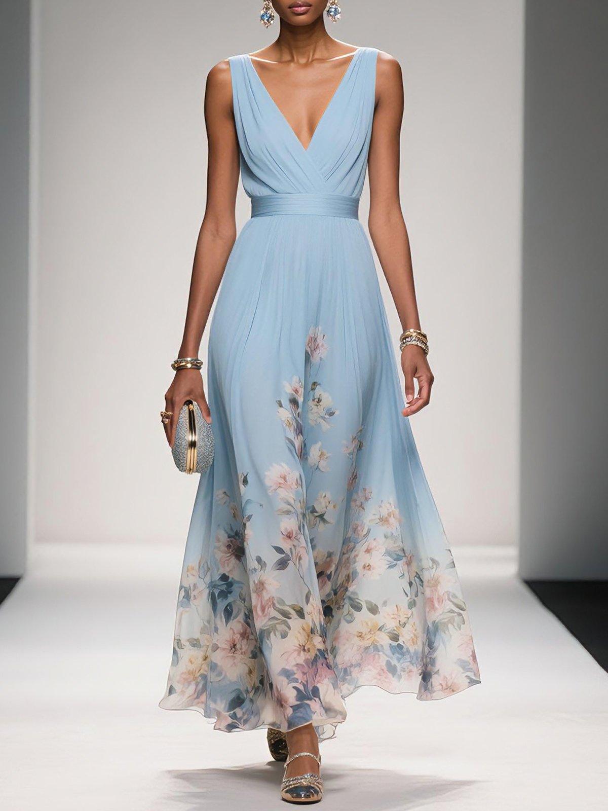 Aurora Valencia  | Light Blue Floral Chiffon V-Neck Maxi Dress