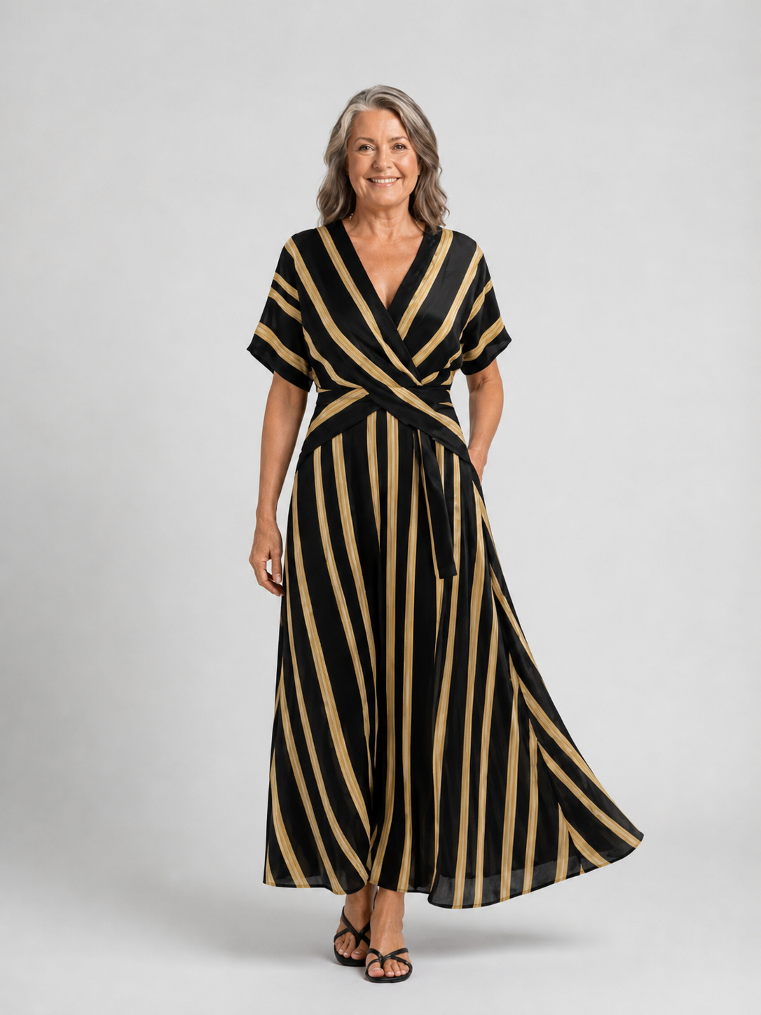 Aurora Valencia | Short Sleeve V Neck Striped Wrap Midi Dress